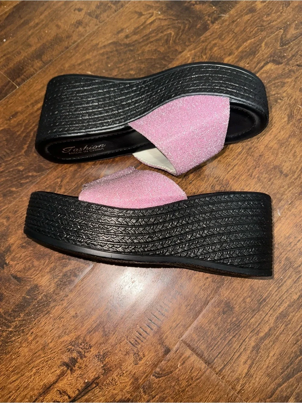 Women's Pink Glitter Platform Slide Sandals - Comfortable Black Sole